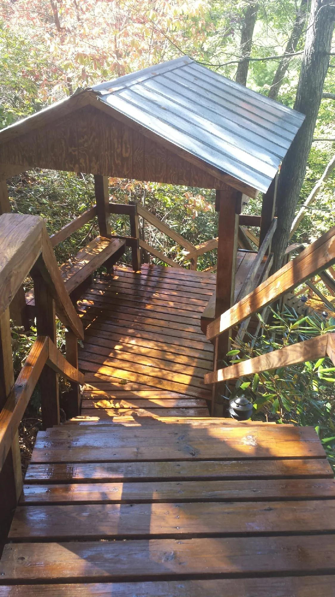 Freshly stained wood walkway and covered shelter with a metal roof in Camdenton